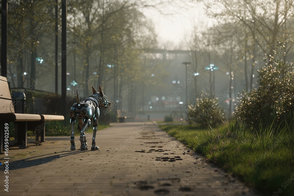 Fototapeta premium Robotic dog exploring a tranquil park during early morning with soft sunlight illuminating the surroundings