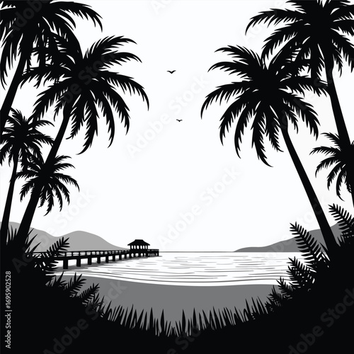 Tropical beach with palm trees and a pier with a hut