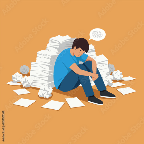 young student sitting on the floor surrounded by crumpled papers, frustration and depression vector concept