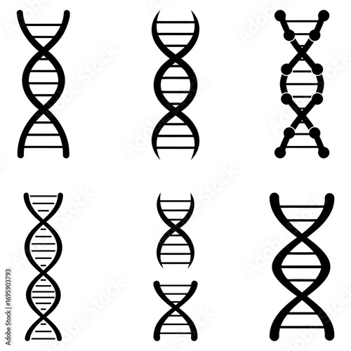 Black DNA icons. Black schematic representations of DNA molecule isolated on white background. Vector illustration.