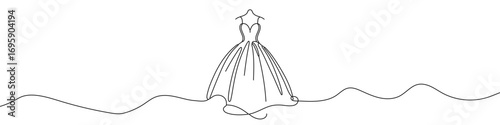 Continuous one line drawing of dress on mannequin. Wedding dress in one line style, isolated on white background. Vector illustration.