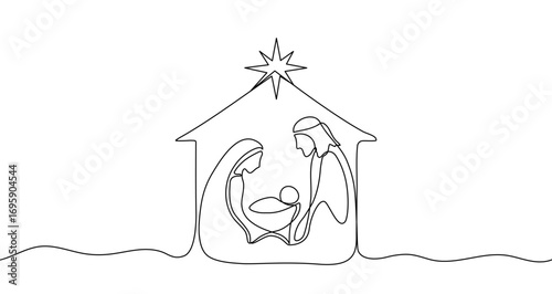 A Christmas nativity scene with Mary, Joseph, and baby Jesus. Continuous line drawing. Vector illustration.