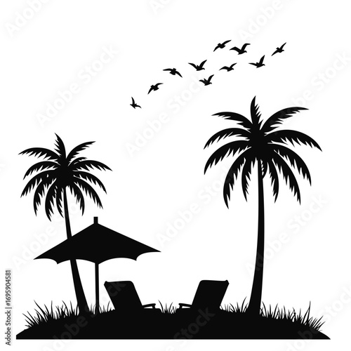 Tropical island silhouette with palm trees and chairs Keywords: beach, silhouette, palm trees