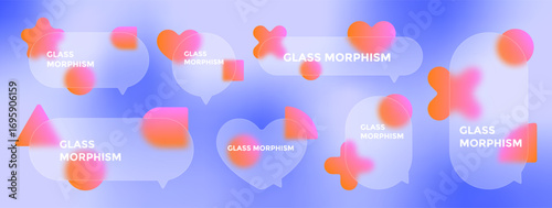 Rounded speech bubbles and hot pink geometric shapes overlap to create a glass morphing effect. A subtle blue gradient background adds depth and visual appeal to the modern design.