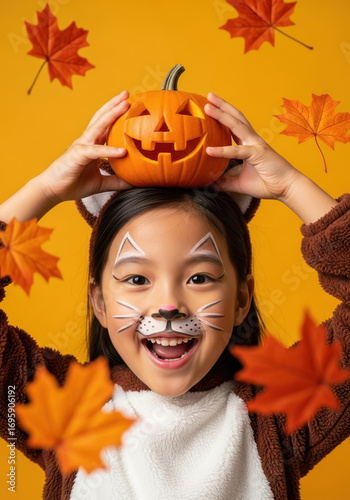 Happy Halloween. Happy asian girl in cat costume holding pumpkin above head, yellow background, autumn leaves falling. 
