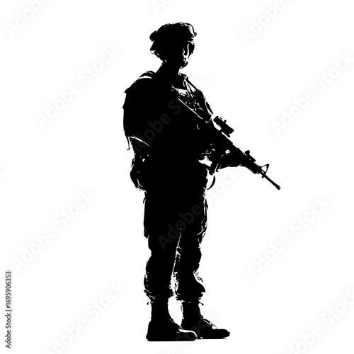 Silhouette of a soldier holding a rifle, wearing tactical gear.