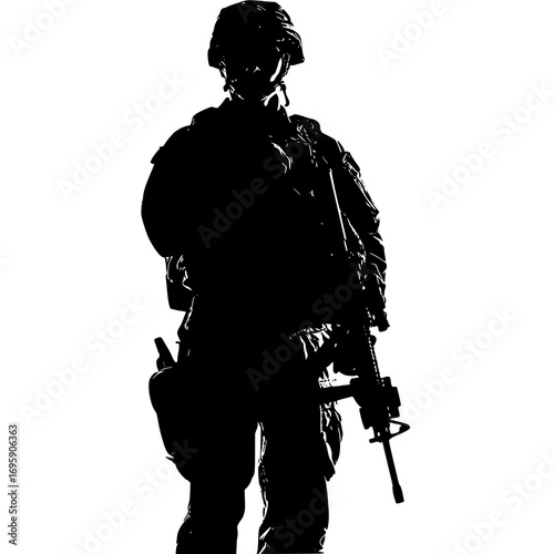 Silhouette of a soldier holding a rifle, wearing tactical gear.