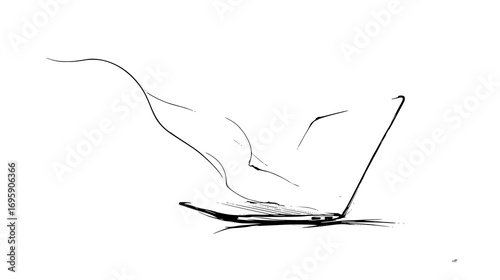Line art of a laptop with smoke emerging from the screen.
