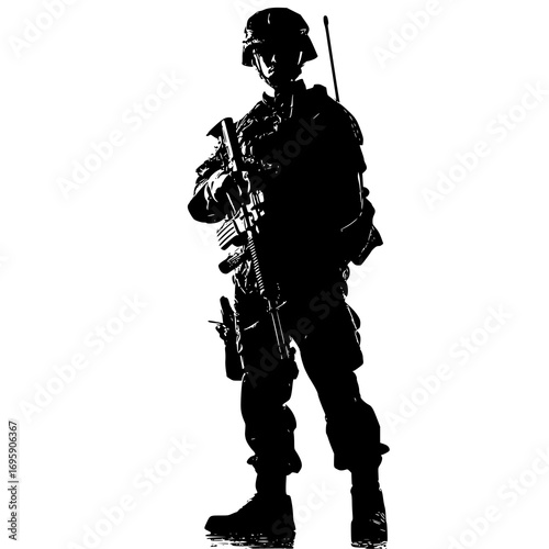 Silhouette of a soldier holding a rifle, wearing tactical gear.