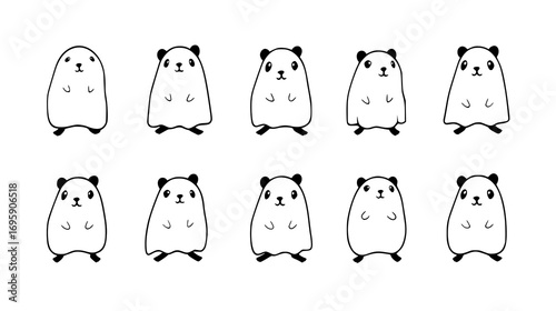 Cute black and white cartoon hamsters with different expressions.