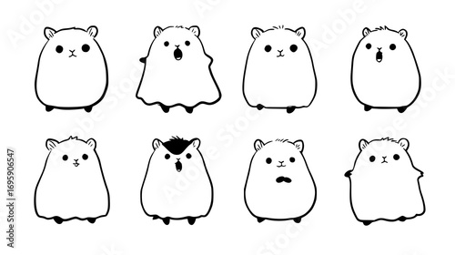 Cute black and white cartoon hamsters with different expressions.