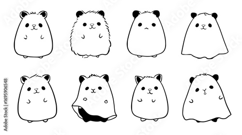 Cute black and white cartoon hamsters with different expressions.