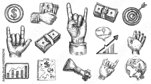 Hand-drawn sketch of various business and finance symbols, including hands making gestures, money stacks, charts, and a globe.