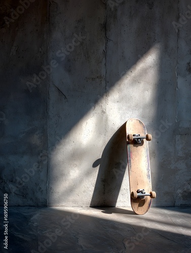 Skateboard in Solitude: A solitary skateboard stands against a weathered concrete wall, bathed in the strong diagonal rays of sunlight, evoking a sense of stillness and anticipation.