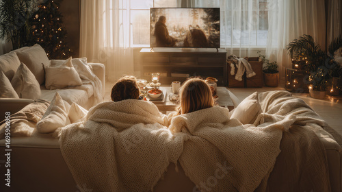 Enjoying a cozy winter evening during the holidays, relaxing while watching a movie.