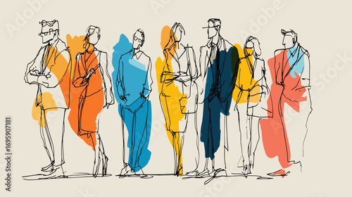 Abstract sketch of diverse group of people in colorful attire. doodle style vector 