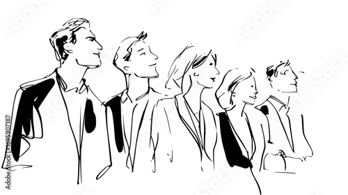 Black and white sketch of five people standing in a row, looking forward. doodle style vector lines 