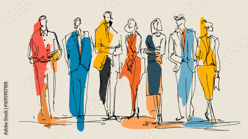 Abstract sketch of diverse group of people in colorful attire. doodle style vector 