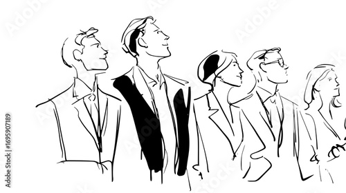 Black and white sketch of five people standing in a row, looking forward.