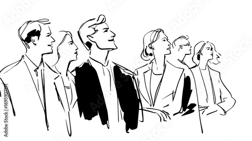 Black and white sketch of five people standing in a row, looking forward.