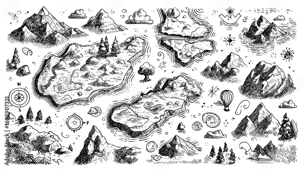 Fototapeta premium Hand-drawn fantasy map with mountains, rivers, and compass.