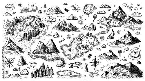 Hand-drawn fantasy map with mountains, rivers, and compass.