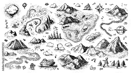 Hand-drawn fantasy map with mountains, rivers, and compass.