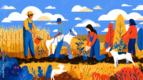 Illustration of people gardening and tending to animals, including a cow and a dog, in a rural setting with plants and trees.