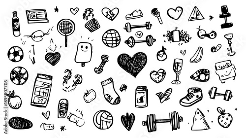 Hand-drawn fitness and exercise doodles including bicycles, dumbbells, hearts, and sports equipment on a transparent background.