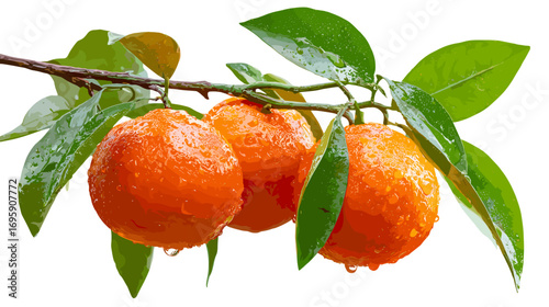 Illustration of three ripe oranges with green leaves on a branch.