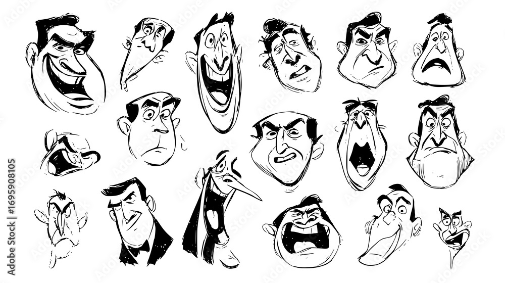 Obraz premium A collection of cartoonish male faces displaying various exaggerated emotions such as anger, surprise, and confusion