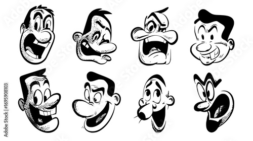A collection of cartoonish male faces displaying various exaggerated emotions such as anger, surprise, and confusion