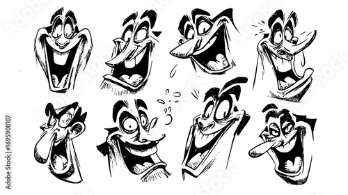 A collection of cartoonish male faces displaying various exaggerated emotions such as anger, surprise, and confusion