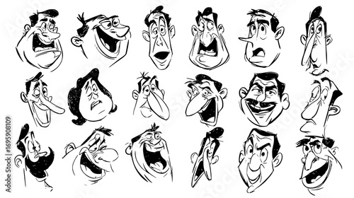 A collection of cartoonish male faces displaying various exaggerated emotions such as anger, surprise, and confusion