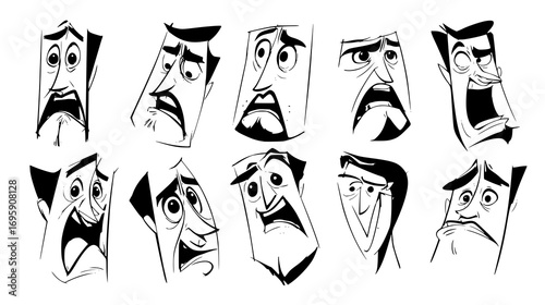 A collection of cartoonish male faces displaying various exaggerated emotions such as anger, surprise, and confusion