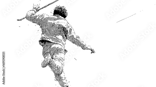 Abstract sketch of a dynamic figure holding a sword, composed of intersecting lines and geometric shapes, conveying movement and energy.