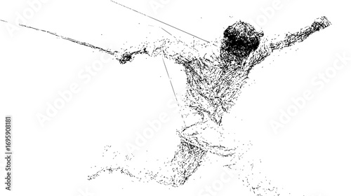 Abstract sketch of a dynamic figure holding a sword, composed of intersecting lines and geometric shapes, conveying movement and energy.
