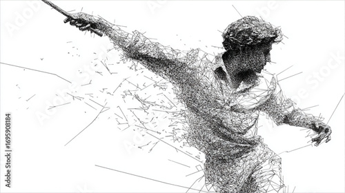 Abstract sketch of a dynamic figure holding a sword, composed of intersecting lines and geometric shapes, conveying movement and energy.