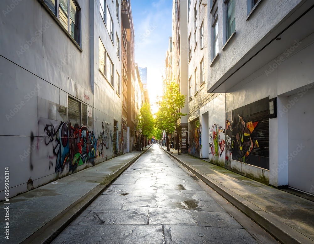 Fototapeta premium Urban alleyway bathed in sunlight (1)