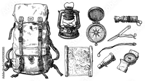 Vintage illustration of camping gear including a backpack, map, compass, lanterns, and other travel essentials.