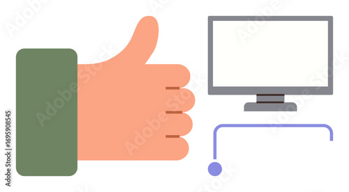 Hand giving thumbs up alongside a computer monitor and wired mouse. Ideal for positivity, approval, technology, user experience, productivity, feedback, and remote work. Simple flat metaphor