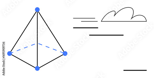 Geometric pyramid with blue nodes and dashed lines representing connections. Accompanied by a minimalist cloud with motion lines. Ideal for innovation, technology, creativity, science, collaboration