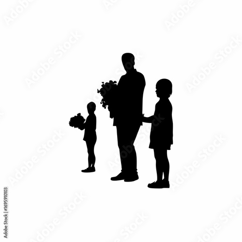 Silhouette of a flower vendor selling bouquets to customers