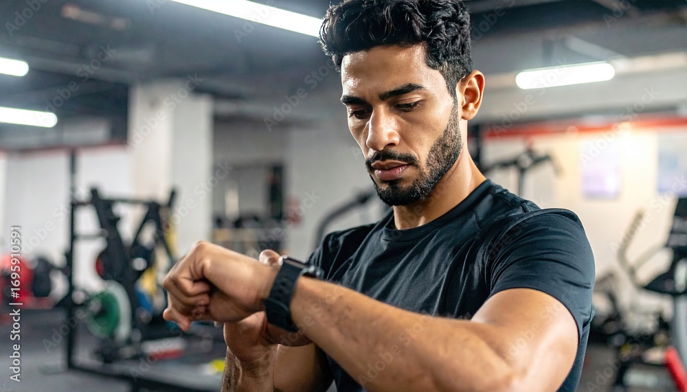 Muscular man with a beard checking his smartwatch during a gym workout He wears a black athletic shirt Muscular man with a beard checking his smartwatch during a gym workout He wears a black athletic shirt