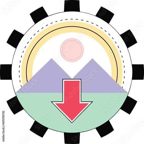 Gear Icon with Layered Landscape and Download Arrow cogwheel symbol