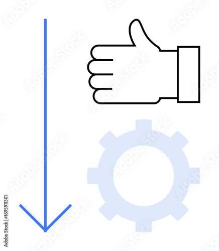 Thumb signaling approval, blue downward arrow, and a translucent gear icon symbolizing improvement, workflow. Ideal for concepts thumbs up teamwork, productivity, development, evaluation, automation