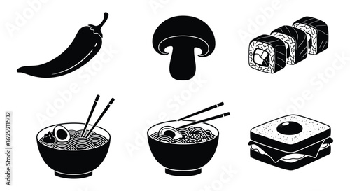 a variety of foods including sushi mushrooms noodles and desserts