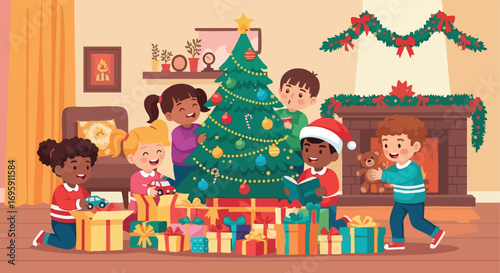 Happy Children Opening Christmas Presents