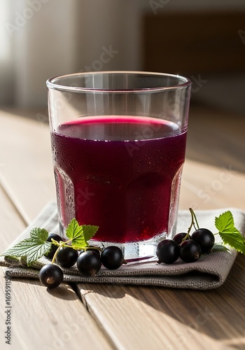 Refreshing blackcurrant juice in glass with fresh berries on table