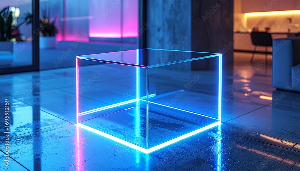 Obraz premium A minimalist acrylic side table with translucent edges, reflecting neon accents on a sleek tile surface, ultra-realistic in a modern loft